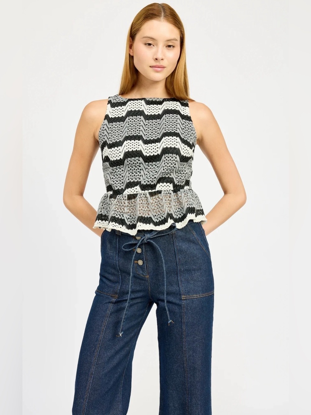 En Saison NWT Black White Crochet Lace Peplum Tank Top Sleeveless Small Boho